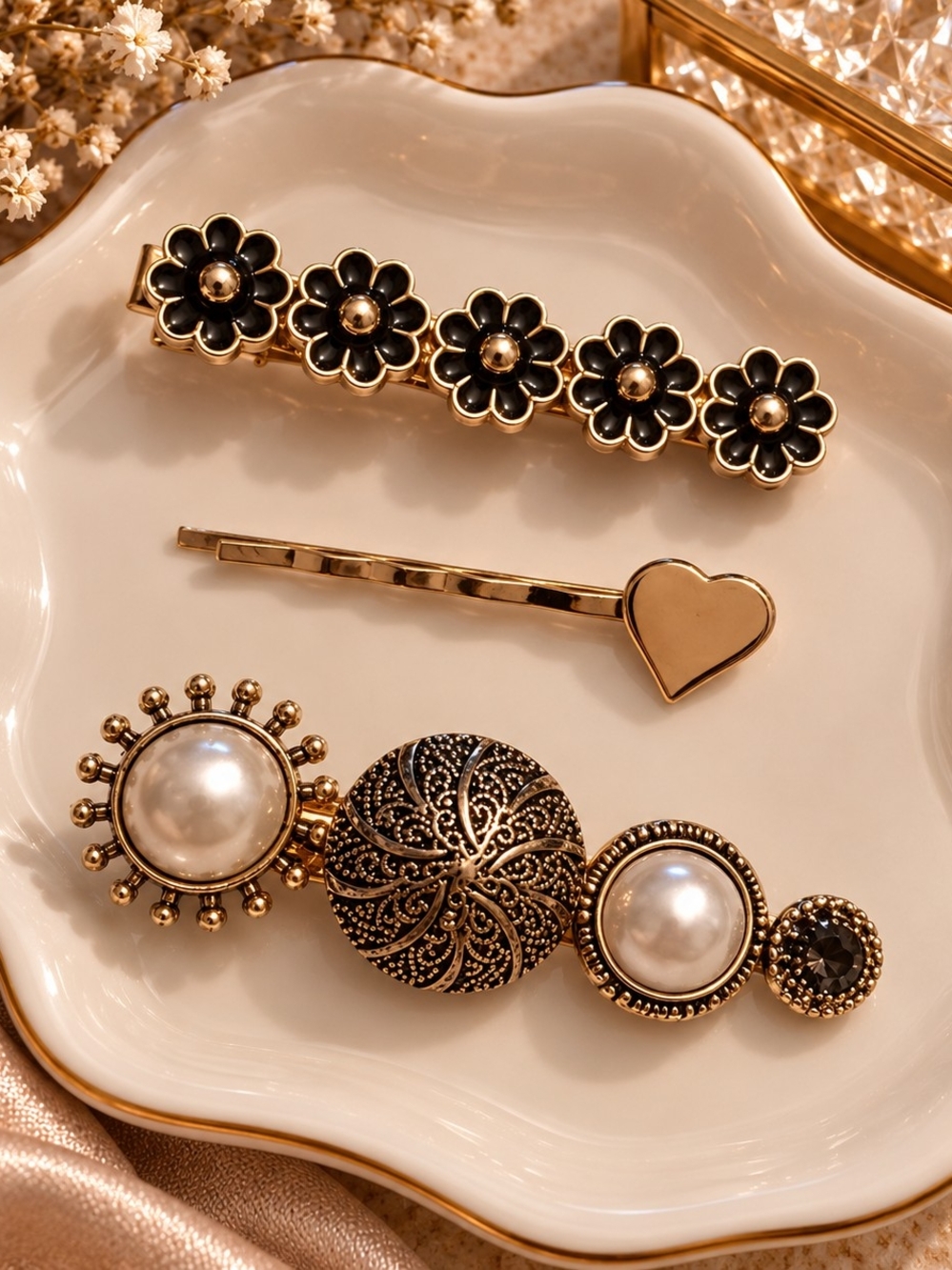 Gold-Tone Floral & Pearl Hair Clip Set - Black and Pearl Accents New